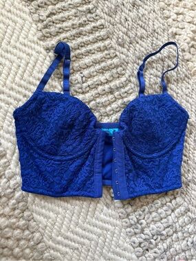 L'Amour Royal Blue Lace Longline Bustier Bra top XS lightly padded